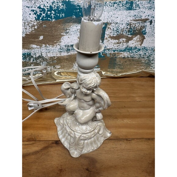 Vintage Cherub Lamp With Fringe Shade Painted Metal - Picture 3 of 9
